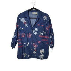 Koret City Blues Women's Floral Beaded Denim‎ Button-Down Shirt Size Small